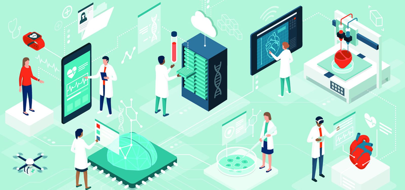 Doctors and researchers using innovative technologies for medicine and healthcare: medical wearables, AI, 3D printed and digital organs, stem cells and DNA bank
